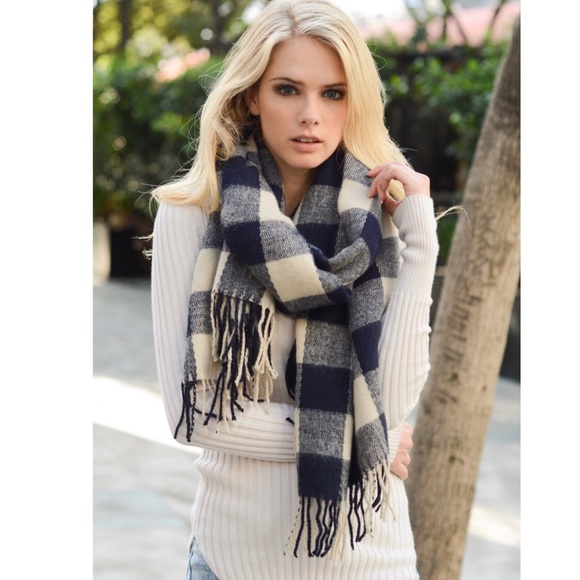 Navy & Cream Plaid Check Tassel Blanket Wrap Scarf - Picture 2 of 2